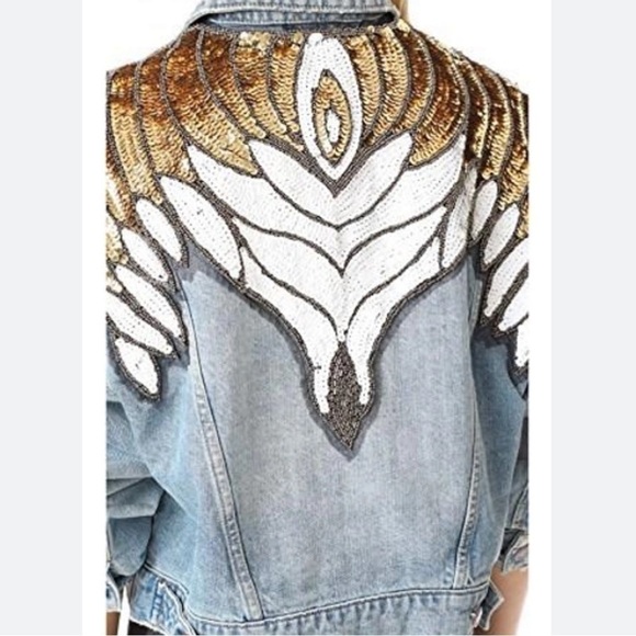 Free People Sequin Glam Denim Jacket in Indigo Blue Size Small - Picture 2 of 14